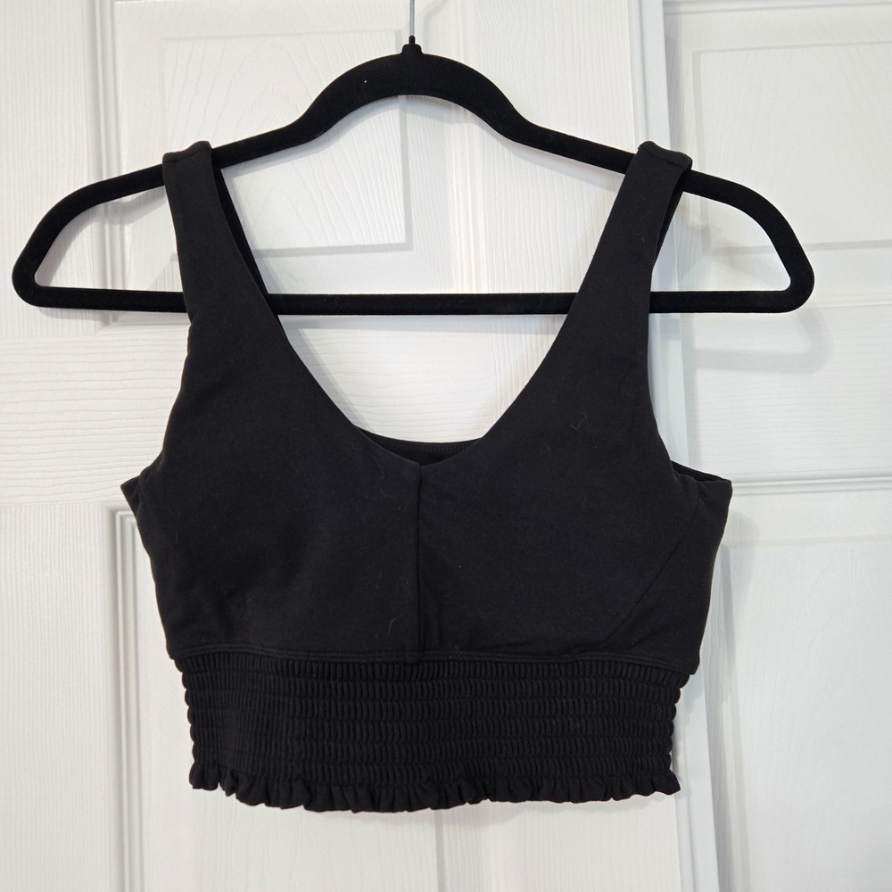 Betsey Johnson Performance Small Black Smocked Ruffle Sports Bra Crop Tank